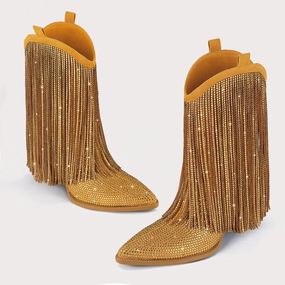 ⚡Women's Yellow Ankle Boots Western Rhinestone Sparkly Fringe Chunky Heel - Picture 2 of 7